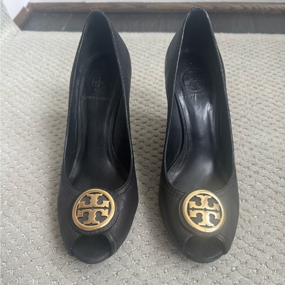 Tory Burch Shoes - Tory Burch Black Wedge Heels with Gold Emblem